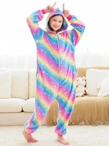 女孩彩虹條紋連帽法蘭絨連體睡衣 - 彩色 - 查看 3