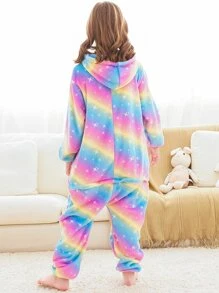 女孩彩虹條紋連帽法蘭絨連體睡衣 - 彩色 - 查看 2