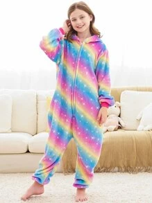 女孩彩虹條紋連帽法蘭絨連體睡衣 - 彩色 - 查看 4