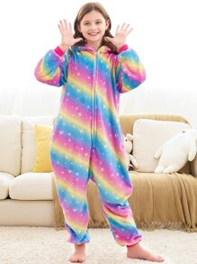 女孩彩虹條紋連帽法蘭絨連體睡衣 - 彩色 - 查看 5