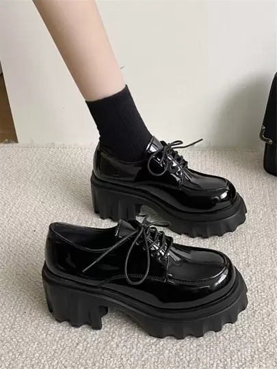 Lace-Up Front Platform Oxford Shoes,Black Chunky High-Heeled British Style Women's Shoes, New Spring And Autumn Round-Toe Thick-Soled Mary Jane Shoes