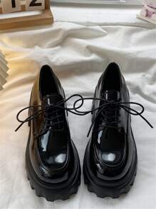 系带厚底牛津鞋，黑色粗跟英伦风女鞋，新款春秋季圆头厚底玛丽珍鞋，女士乐福鞋 - 黑色 - 查看 3