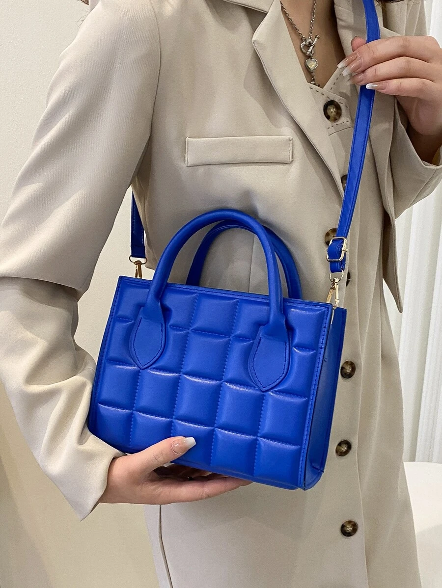 幾何壓花雙把手方包 - 寶藍色 - 查看 1