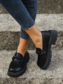 Black Thick-Soled Loafers With Chain Decoration, British Vintage Mary Janes Shoes