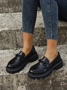 Black Thick-Soled Loafers With Chain Decoration, British Vintage Mary Janes Shoes