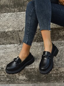 Black Thick-Soled Loafers With Chain Decoration, British Vintage Mary Janes Shoes