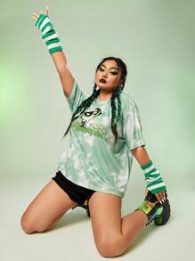 The Powerpuff Girls | ROMWE Plus Cartoon Graphic Tie Dye Drop Shoulder Tee - Multicolor - View 4