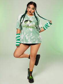 The Powerpuff Girls | ROMWE Plus Cartoon Graphic Tie Dye Drop Shoulder Tee - Multicolor - View 6