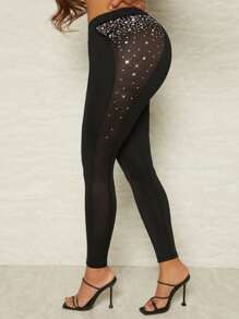 SHEIN SXY Leggings con diamante de imitación de malla - Negro - Ver 3