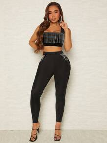 SHEIN SXY Leggings con diamante de imitación de malla - Negro - Ver 5