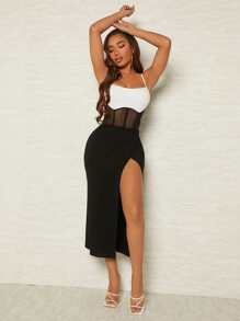 SHEIN SXY Đầm Tương phản Mesh Tách cao Khối Màu Thanh lịch - Đen và trắng - Xem 1