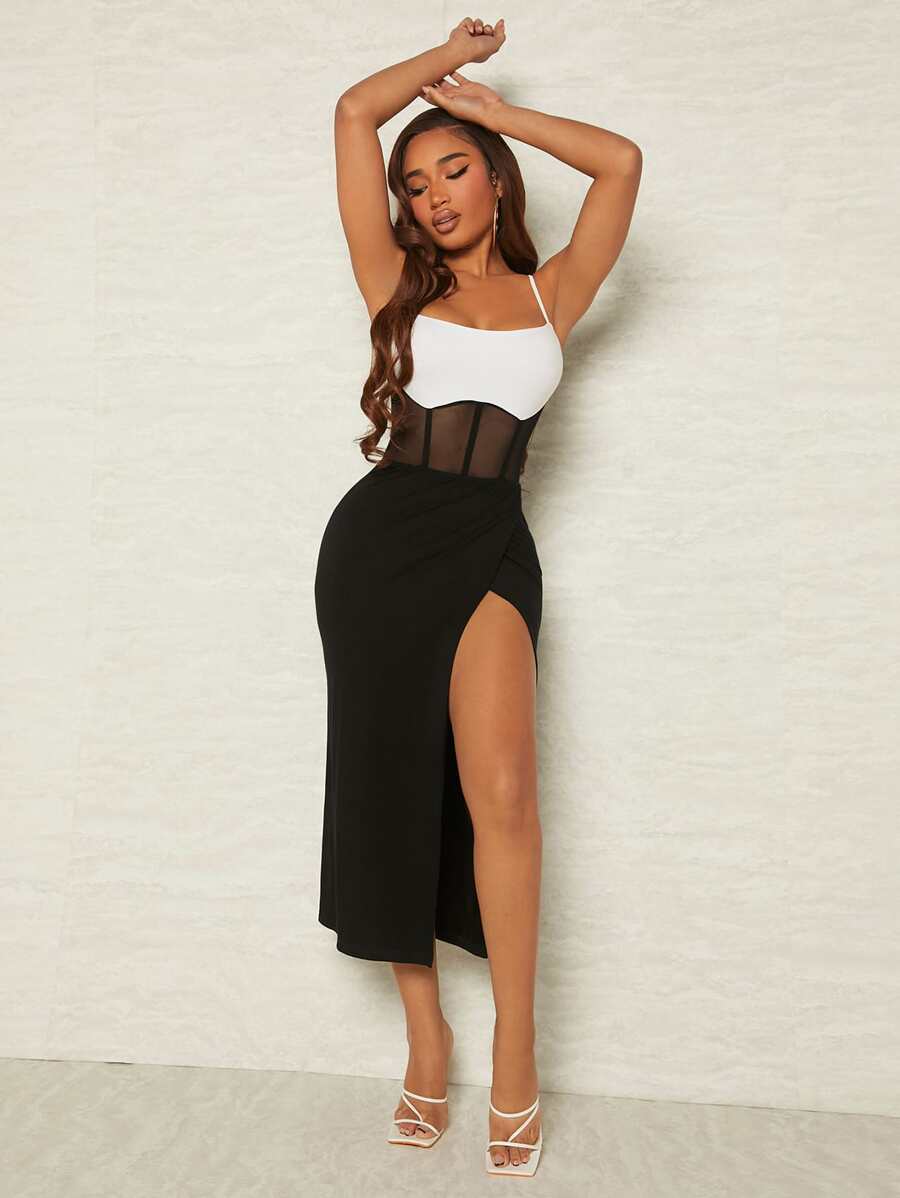 SHEIN SXY Đầm Tương phản Mesh Tách cao Khối Màu Thanh lịch - Đen và trắng - Xem 1