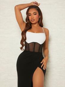 SHEIN SXY Đầm Tương phản Mesh Tách cao Khối Màu Thanh lịch - Đen và trắng - Xem 3