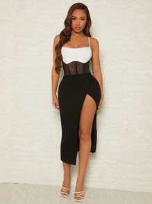 SHEIN SXY Đầm Tương phản Mesh Tách cao Khối Màu Thanh lịch - Đen và trắng - Xem 4