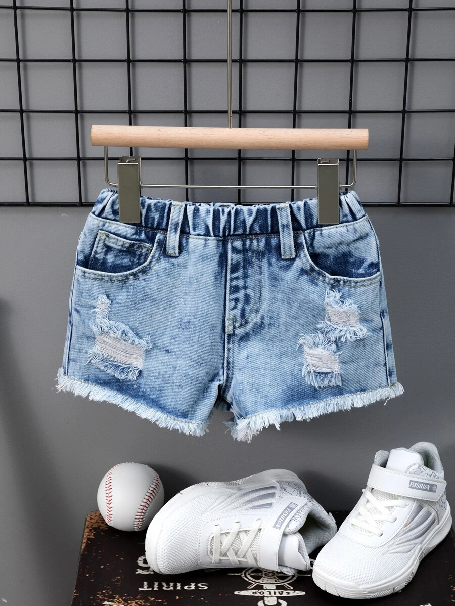 Toddler Girls Quần Shorts Denim Túi Hem thô Bị tách màu trơn - Rửa nhẹ - Xem 1