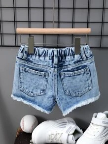 Toddler Girls Quần Shorts Denim Túi Hem thô Bị tách màu trơn - Rửa nhẹ - Xem 2