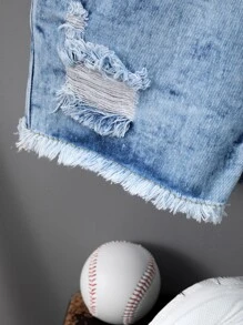 Toddler Girls Quần Shorts Denim Túi Hem thô Bị tách màu trơn - Rửa nhẹ - Xem 3