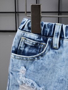 Toddler Girls Quần Shorts Denim Túi Hem thô Bị tách màu trơn - Rửa nhẹ - Xem 5
