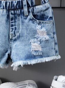 Toddler Girls Quần Shorts Denim Túi Hem thô Bị tách màu trơn - Rửa nhẹ - Xem 6