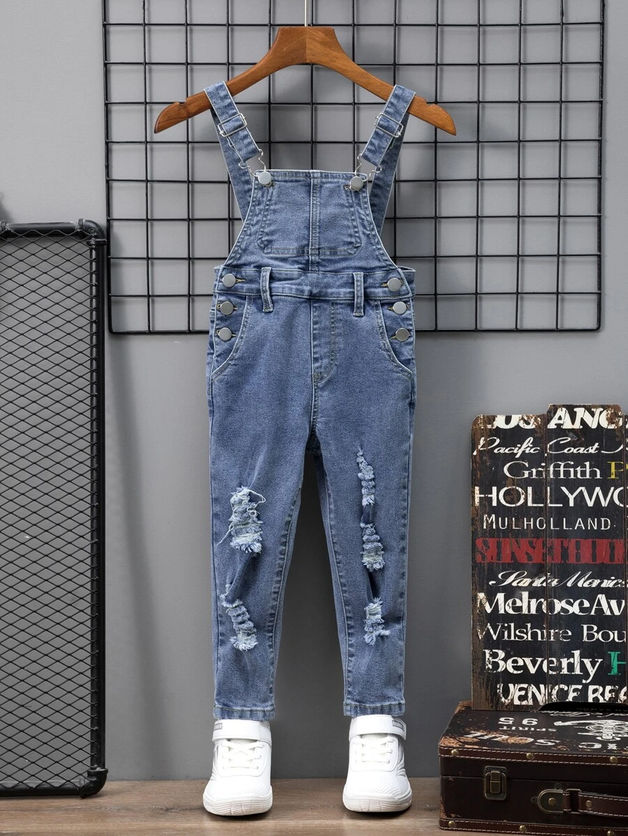 Salopetă din denim cu buzunar rupt în față pentru copii mici