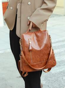 Zipper Front Functional Backpack for Women, Rookies & White-collar Workers - Brown - View 2