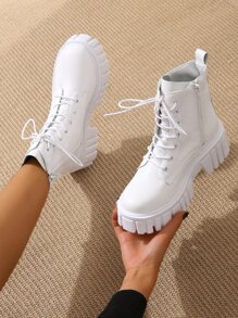 Minimalist Lace-up Front Combat Boots - White - View 1