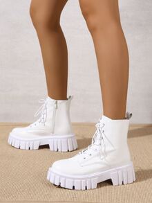 Minimalist Lace-up Front Combat Boots - White - View 4
