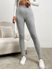 SHEIN EZwear 下擺開叉緊身打底褲 - 淺灰色 - 查看 3