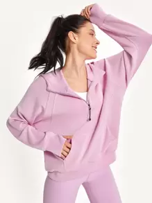 GLOWMODE Modal Lụa Chạm Quá lớn Nửa Zip Hoodie - Màu tím hoa cà - Xem 7