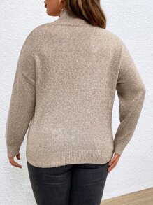 Calvaya Suéter de cuello alto falso con hombros caídos, tejido de punto, suéter de otoño e invierno - Caqui - Ver 2