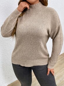 Calvaya Suéter de cuello alto falso con hombros caídos, tejido de punto, suéter de otoño e invierno - Caqui - Ver 4