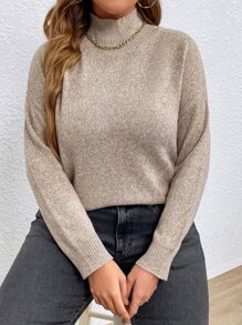 Calvaya Suéter de cuello alto falso con hombros caídos, tejido de punto, suéter de otoño e invierno - Caqui - Ver 6