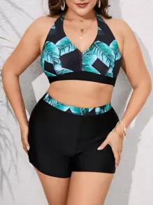 Plus Size Tropical Print Halter Bikini Set Summer Beach - Black - View 1