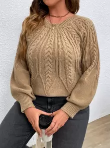 Celure Plus Cable Knit Lantern Sleeve Jumper - Camel - View 4