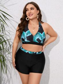 Plus Size Tropical Print Halter Bikini Set Summer Beach - Black - View 3