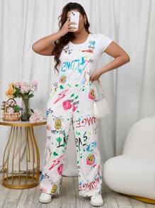 SHEIN Qutie Jumpsuits Plus Size Hoạt hình Lá thư Giải trí - trắng - Xem 1