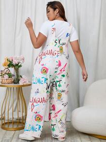 SHEIN Qutie Jumpsuits Plus Size Hoạt hình Lá thư Giải trí - trắng - Xem 2