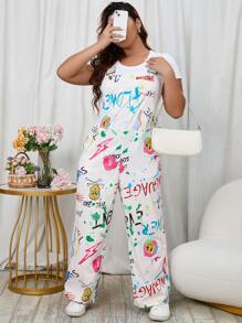 SHEIN Qutie Jumpsuits Plus Size Hoạt hình Lá thư Giải trí - trắng - Xem 3