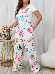 SHEIN Qutie Jumpsuits Plus Size Hoạt hình Lá thư Giải trí - trắng - Xem 4