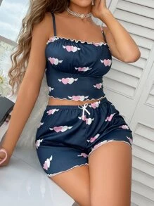 Heart Print Lettuce Trim Bow Front PJ Set - Navy Blue - View 1