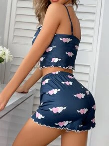 Heart Print Lettuce Trim Bow Front PJ Set - Navy Blue - View 2