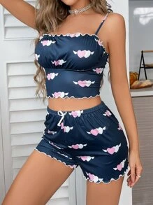 Heart Print Lettuce Trim Bow Front PJ Set - Navy Blue - View 5