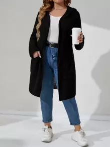 SHEIN Franclia áo hở cổ kích thước lớn Túi màu trơn Giải trí - màu đen - Xem 3