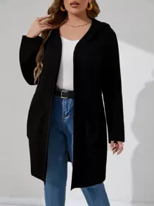 SHEIN Franclia áo hở cổ kích thước lớn Túi màu trơn Giải trí - màu đen - Xem 4