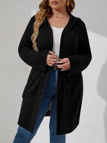 SHEIN Franclia áo hở cổ kích thước lớn Túi màu trơn Giải trí - màu đen - Xem 6