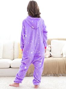 Girls Star Print Hooded Flannel Sleep Jumpsuit - Purple - View 2