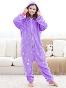Girls Star Print Hooded Flannel Sleep Jumpsuit - Purple - View 3