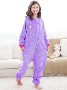Girls Star Print Hooded Flannel Sleep Jumpsuit - Purple - View 4