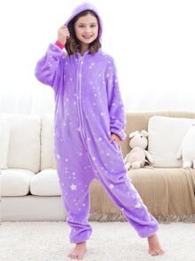 Girls Star Print Hooded Flannel Sleep Jumpsuit - Purple - View 5