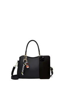 Minimalist Square Bag With Bag Charm - Black - View 7